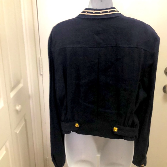 CACHÉ 💯% LINEN NAVY BLUE JACKET • GOLD BUTTONS • RHINESTONE TRIM • Sz L - Picture 8 of 15
